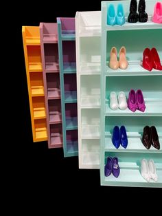 three shelves filled with different types of shoes