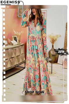 Women's Swing Dress Maxi Long Dress Long Sleeve Print Patchwork Print Fall V Neck Casual Boho Loose Rainbow Long Dress Long Sleeve, Maxi Long Dress, Patchwork Print, Dresses By Length, Dress Long Sleeve, Dress Maxi, Boho Casual, Long Maxi Dress, Dress Long