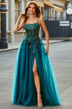 Green Prom Dress Tulle, Dark Green Prom Dress, Senior Hoco, Prom Dresses Sparkly, Sparkly Prom Dresses, Green Prom, Floral Prom Dresses, A Line Evening Dress, Prom Ideas