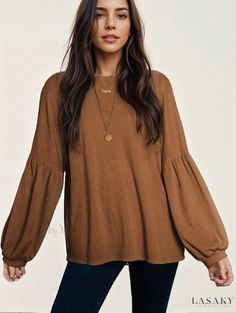 Lasaky - Loose Casual Jacquard Solid Color Knit Sweater with Pullover Round Neck and Puff Sleeves Casual Knit Top With Lantern Sleeves, Casual Knit Lantern Sleeve Tops, Fall Casual Puff Sleeve Sweater, Cozy Puff Sleeve Tops For Fall, Textured Knit Long Sleeve Top, Knit Tops With Lantern Sleeves For Winter, Winter Knit Tops With Lantern Sleeves, Winter Knit Top With Lantern Sleeves, Fall Knit Tops With Lantern Sleeves