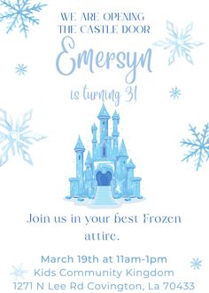 an image of a frozen princess birthday party with castle and snowflakes on it