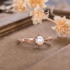 Pearl Engagement Ring Rose Gold Round Cut Unique Solitaire | Etsy Elegant Diamond White Pearl Wedding Ring, Solitaire Wedding Jewelry In Fine Style, Solitaire Fine Jewelry For Wedding, Luxury Diamond Ring With Elegant Design For Wedding, Elegant Pearl Ring With Diamond Accents For Wedding, Luxury Wedding Diamond Ring With Elegant Design, Pearl White Wedding Rings With Diamond Accents, Fine Jewelry Solitaire For Wedding, Elegant Wedding Pearl Ring With Diamond Accents