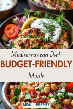 the mediterranean diet budget - friendly meals are packed with fresh vegetables, chickpeas and tomatoes