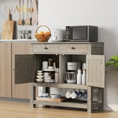 a kitchen area with a microwave, counter and cabinets