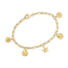 Ross-Simons - 14kt Yellow Gold Sea Life Paper Clip Link Charm Bracelet. 8". Make every day feel a beachy getaway with our sea life-inspired bracelet! Handcrafted in textured and polished 14kt yellow gold, the paper clip link chain suspends glittery seashell, starfish and sand dollar charms. Lobster clasp, 14kt yellow gold sea life paper clip link charm bracelet. Beachy Charm Bracelet, Gold Strand Bracelet With Ocean-inspired Style, Gold Bracelets With Lobster Clasp For Vacation, Gold Bracelet With Lobster Clasp For Vacation, Summer Jewlery, Beachy Accessories, Beachy Bracelets, Paper Bracelet, Jewelry Presentation