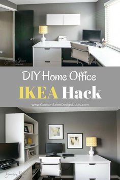 an office with desks, cabinets and computer on it is featured in the article diy home office ikea hack