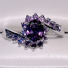 Gorgeous Silver Tone Ring With Oval Cut Simulated Amethyst. Black And Purple Engagement Ring, Purple And Silver Jewelry, Dark Purple Engagement Ring, Engagement Ring Amethyst, Black And Purple Wedding Rings, Purple Wedding Ring, Purple Engagement Ring, Whimsigoth Wedding, Purple Wedding Rings