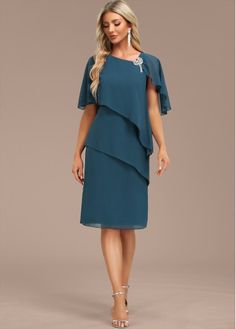 Color:Peacock Blue;Size:S;Size:M;Size:L;Size:XL;Size:XXL;Package Contents:1 X Dress;Occasion:Other;Style:Casual; Cocktail Dress Wedding Guest, Blue Shift Dress, Flowy Design, Cocktail Dress Wedding, Midi Shift Dress, Knee Length Shorts, Cape Sleeves, Peacock Blue, Bride Dresses