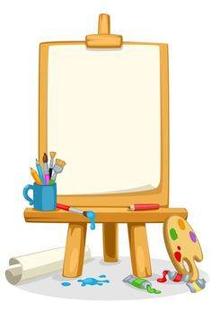 an artist's easel with paint and brushes