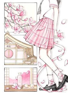 a drawing of a girl in a pink dress and black boots standing next to a tree