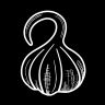 a black and white photo of an onion on a dark background with the letter s