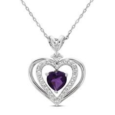 A stunning heart-shaped amethyst glimmers at the center of this sentimental necklace for her. A heart-shaped frame of sparkling white lab-created sapphires encircle the center, and a sterling silver frame envelopes that frame. A white lab-created sapphire glistens above to finish the look. The pendant is fashioned in sterling silver and sways from an 18-inch cable chain, which secures with a lobster clasp. Formal Heart Cut Birthstone Necklace, Elegant Gemstone Heart Necklace For Anniversary, Purple Heart Necklace For Anniversary, Elegant Heart-shaped Amethyst Necklace, Classic Heart Cut Birthstone Necklace, Formal Purple Heart Pendant Necklace, Heart Cut Amethyst Necklace For Anniversary, Formal Heart-shaped Gemstone Necklace, Heart Cut Amethyst Necklaces For Anniversary