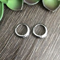 two pairs of silver hoop earrings sitting on top of a wooden table next to succulents