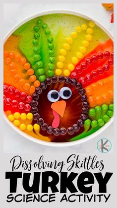 a turkey made out of gummy balls on top of a plate with the words, dissecting skills turkey science activity