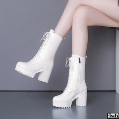 Fisdy - Waterproof Boots with Short White Platform and Adjustable Strap Thigh High Sandals, Short Height, Rough Heels, White Booties, Elegant High Heels, White Boots, Stiletto Pumps, Adjustable Belt, Mary Jane Shoes