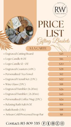 the price list for an event is shown in orange and beige colors, with palm leaves on