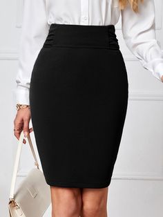 Black Elegant Collar  Polyester Plain Pencil Embellished Medium Stretch Spring/Summer Women Bottoms Black Work Skirt Outfit, Black Skirt Knee Length, Black Medium Skirt Outfit, Classy Skirt Outfits Professional Women, Black Pencil Skirt Outfits, Styling Pencil Skirt, Plain Skirt Outfit, Pencil Skirt Outfits For Work, Pencil Skirts Outfit