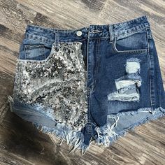 High Waist- Ripped Denim. Sequin Pattern. Never Worn. Size Medium. Spring Party Denim Jean Shorts, Spring Party Jeans In Short Length, Spring Party Jeans Shorts, Spring Party Jeans, Casual Denim Blue Party Bottoms, Denim Party Shorts, Short Denim Party Jeans, Summer Party Denim Blue Bottoms, Spring Night Out Short Jeans