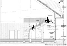 an architectural drawing shows the steps leading up and down to a second floor with two people sitting on them