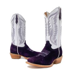 Crafted from rough purple leather vamp and white shaft, these boots provide a fashionable look. The riding heel and square toe provide stability and comfort with every step.  Leather outsole Handtooled cow hide vamp Leather lining Cow Leather Shaft Stitched sole Cowboy Boots Women Cavender's, Western Boots Cavender's, Fitted Western Purple Boots, Purple Cowboy Boots, Black Cowgirl Boots Cavender's, Rider Boots, Mens Cowboy, Country Boots, Lady Riders