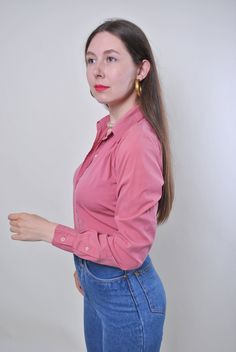 "Women vintage pink long sleeve casual blouse, Size M Welcome to TARASCOMMON.ETSY.COM Unique clothing from the 20th century. Model tall - 170cm M. 38 - size on the tag. Sleeve - 50cm / 19.68inch; ( armpit to end of sleeve); Width - 43cm / 16.92inch; Length - 60cm / 23.62inch. All measurements are taken seam to seam while lying flat. This item is vintage, so it can have some defects. Additional photos can be send We are glad that you are interested in lots that we sell. Wish you a good shopping! Pink Long Sleeve Cotton Blouse, Pink Long Sleeve Feminine Top, Feminine Pink Long Sleeve Top, Elegant Pink Long Sleeve Shirt, Elegant Long Sleeve Pink Shirt, Pink Long Sleeve Shirt For Work, Feminine Long Sleeve Cotton Shirt, Long Sleeve Tops For Vintage Fashion, Pink Fitted Long Sleeve Shirt