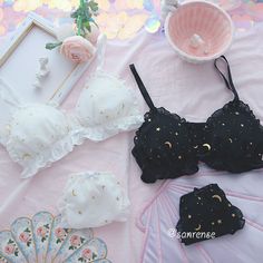 Fabric Material: Cotton BlendColor: Black. WhiteStyle: Japanese. Cute. Kawaii. Sweet Lingerie Design, Lingerie Shoot, Kawaii Harajuku, Cute Bras, Cute Lingerie, Stars Moon, Lace Lingerie Set, Women In Lingerie, Pretty Lingerie