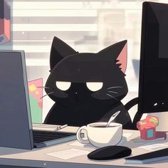 a black cat sitting at a desk with a cup of coffee in front of it