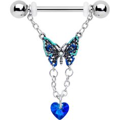 14 Gauge 9/16 Blue Gem Heart Colorful Butterfly Dangle Nipple Ring Set The colorful butterfly on this 14 gauge nipple jewelry is going to steal your heart! It's made with 14mm durable 316L surgical grade stainless steel straight barbells with 5mm ball ends. Each one features a butterfly charm, embellished with multi-color inlay and set at the center with an aurora gem. The bottoms of the butterflies wings have a chain dangling from them, which support a blue heart-shaped gem. The overall look is Trendy Blue Heart-shaped Jewelry, Trendy Blue Jewelry With Heart Charm, Adjustable Blue Jewelry For Valentine's Day, Nickel-free Blue Heart-shaped Jewelry, Nickel-free Blue Jewelry For Valentine's Day, Butterflies Wings, Piercing Ring, Colorful Butterfly, Blue Gems