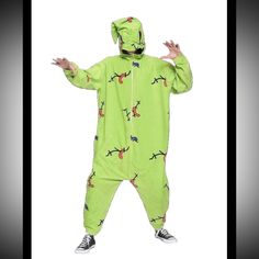 Oogie Boogie Green Jumpsuit Brand New Size Xs Armpit To Armpit Across 21.5 Inch Will Fit Up To Size M Oogie Boogie Onesie, Hooded Onesie For Halloween Pajama Party, Halloween Hooded Onesie For Pajama Party, Casual Winter Onesie Costume, Casual Winter Onesie With Cartoon Print, Casual Winter Onesie For Costume Events, Casual Halloween Costume Onesie, Casual Halloween Onesie For Sleep, Casual Halloween Costume Party Onesie