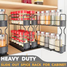 the spice rack for cabinets is organized with spices and seasonings, labeled heavy duty