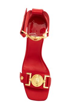 Make a modern statement in this lofty sandal featuring dramatic goldtone hardware and a curved wedge heel. 3 1/2" heel, 3 1/2" shaft (size 8.5) Adjustable hook-and-loop ankle strap Synthetic upper/ synthetic and leather lining/synthetic sole Imported Silky Black Hair, Red Wedge Heels, Red Wedge Sandals, Red Wedges, Luxury Shoes Women, Red Mirror, Shoes Heels Wedges, Red Heels, Gold Heels