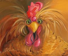 a painting of a rooster with green eyes and red combs on it's head