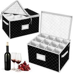 two wine glasses and an ice chest are next to each other