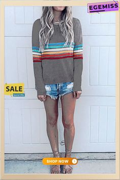 Grey Fashion Colorful Striped Long Sleeve T-shirt Trendy Multicolor Color Block T-shirt, Spring Striped T-shirt With Rainbow Print, Striped Rainbow Print T-shirt For Spring, Casual Striped T-shirt With Rainbow Print, Trendy Striped Tops With Rainbow Print, Trendy Striped Rainbow Print Tops, Trendy Rainbow Print Striped Tops, Long Sleeve Color Block T-shirt For Summer, Multicolor Color Block Top For Fall