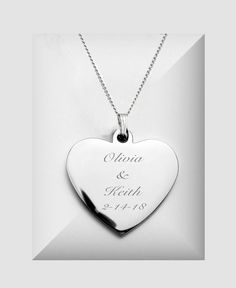 "This personalized silver heart pendant necklace is a great gift for that special someone. Our custom engraved heart necklaces can be personalized with your message including names and dates. Both sides of the heart pendant can be engraved.  DIMENSIONS: 1 inch wide x 1 inch tall Material: High Polished Surgical Stainless Steel How To Send Engraving Instructions: When you are ready to order click ADD TO CART.  During checkout fill out the ADD A NOTE section with your engraving instructions. You c Engraved Heart Necklace, Heart Necklaces, Heart Charm Necklace, Silver Heart Pendant, Necklace Heart, Silver Heart Necklace, Bridesmaid Necklace, Engraved Necklace, Engraved Items