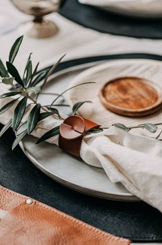 a white plate topped with an olive branch on top of a black and brown table cloth