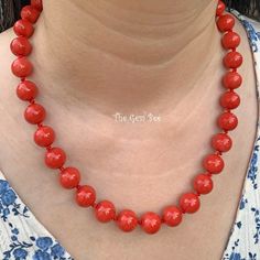 Thank you for coming in! Beautiful Mediterranean Sardinia Coral with stunning red color and lovely round shape and extremely rare even size! Such a necklace would be advertised as 13mm in the trade but we want to be as accurate as possible. Hand polished and drilled in Italy! The color is directly from the ocean, not dyed! 100% natural beauty! 21 inch strand, 34 beads temporarily strung with a silver clasp! Manufactured in Italy! Appr 103 grams. You'll get the strand you see! Photos were taken both indoors and outdoors to show the shades of red under different lighting! SIZE: Appr. 12.3mm-13.2mm COLOR: Red GRADE: AAA Hand-strung Round Red Coral Jewelry, Red Gemstone Round Necklace, Elegant Red Coral Jewelry With 8mm Beads, Red 8mm Bead Necklace, Classic Red Round Jewelry, Red Round Gemstone Necklace, Elegant Red Gemstone Beaded Necklace, Red Hand-strung Round Beaded Jewelry, Red Hand-strung Round Bead Jewelry