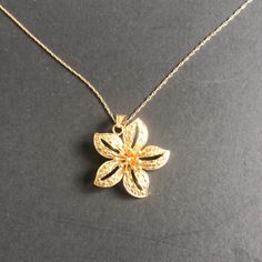 10k Yellow Gold Plumeria Flower Pendant Necklace 18” Elegant Yellow Gold Flower Jewelry, Formal Flower Shaped Jewelry With Flower Decoration, 14k Gold Flower Charm Necklace, Elegant Gold Flower Pendant Necklace, Elegant Gold-plated Flower Pendant Necklace, Elegant Gold Plated Pendant Flower Necklace, Formal Gold Jewelry With Flower Charm, Luxury Flower Pendant Necklace For Wedding, Formal Gold Jewelry With Flower Decoration