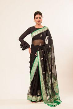 Black Khaddi Banarasi Saree with Silver Boota work and Green Border Khadi Georgette Saree, Khaddi Georgette Saree, Baluchari Saree, Golden Saree, White Embroidered Blouse, Orange Saree, Net Blouses, Cotton Gowns, Party Sarees