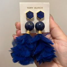 Tory Burch Blue Natural Stone Feather Earrings These Earrings Get Statement-Making Drama-Plus A Little Levity-From A Fluffy Cascade Of Feathers And An Enameled Face With An Expression That's Everything. New Never Worn Locket Earrings, Tory Burch Earrings, Crystal Logo, Tory Burch Jewelry, Blue Feather, Flower Logo, Pearl Hoop Earrings, Heart Locket, Gold Logo