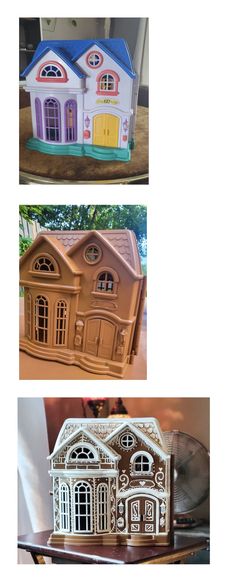 three different views of a doll house on a table