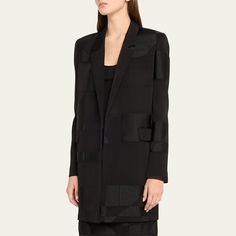 Lafayette 148 New York blazer with textured patches and charmeuse self-tie belt Approx. 33"L from shoulders to hem Notched lapel; wrap front Long sleeves Front flap pockets Relaxed fit Viscose/polyester Imported Designer Silk Blazer For Office, Silk Tuxedo Style Outerwear For Work, Designer Silk Outerwear For Office, Black Blazers, Tie Belt, Flap Pocket, Tops Designs, Top Brands, Long Sleeves