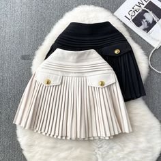 Pleated High-Waist Mini Skirt with Button Detail