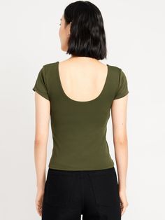 scoop neck scoop back short sleeves fitted hits below waist models are approx.  5'9" and wear sizes s (4), l (12), and xl (18)machine wash according to the care instruction label Seamless Scoop Neck T-shirt For Spring, Scoop Neck Seamless T-shirt For Spring, Seamless Scoop Neck T-shirt For Summer, Green Seamless Scoop Neck Tops, Casual Summer T-shirt With Scoop Back, Fitted Green Short Sleeve T-shirt, Green Fitted Short Sleeve T-shirt, Green Seamless Short Sleeve Top, Trendy Short Sleeve Scoop Neck Top