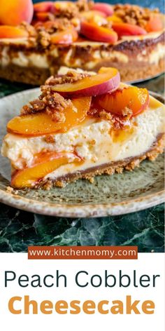 a piece of peach cobbler cheesecake on a plate