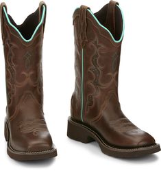 Its leather upper is accented by a delicate stitch pattern and features a scalloped collar for a feminine touch. The distressed golden brown foot gives this boot a vintage feel and sports a square toe. The J-Flex Flexible Comfort System� insole with remov Teal Cowgirl Boots, Justin Cowgirl Boots, Cowgirl Things, Mens Hunting Boots, Tony Lama Boots, Womens Cowgirl Boots, Rugged Boots, Ostrich Boots, Womens Work Boots