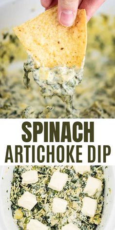 spinach artichoke dip in a white bowl with tortilla chips on top