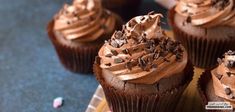 several chocolate cupcakes with frosting and sprinkles