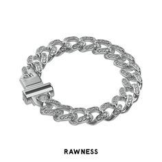 Introducing the latest and greatest addition to the Rawness jewelry collection: the Cuban Chain Iced Out Full Diamond Bracelet. This stunning piece is crafted from high-quality white gold plating and boasts a 12mm wide Cuban chain design.Featuring a full diamond design, this bracelet is iced out with dazzling, sparkling diamonds that will catch the light and make you shine. The diamonds are expertly set to ensure maximum sparkle and shine, making this bracelet a true showstopper.This bracelet is Cuban Chain Bracelet, Clasp Bracelet, Chain Design, Bracelet Clasps, Cuban Chain, Diamond Design, Hip Hop Fashion, Sparkle Diamonds, High Quality Jewelry