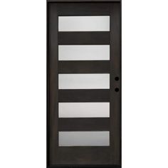 a black door with frosted glass on the top and bottom panel, in front of a white background